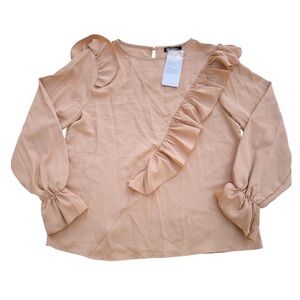 Women's Ruffled Tan Top/Blouse Long Sleeve - NWT